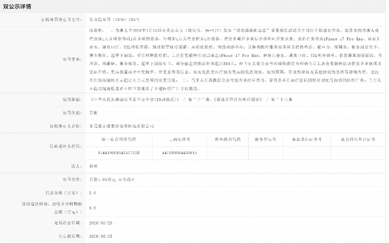 医美机构微信号发违规信息，被罚5万元！责令立即改正