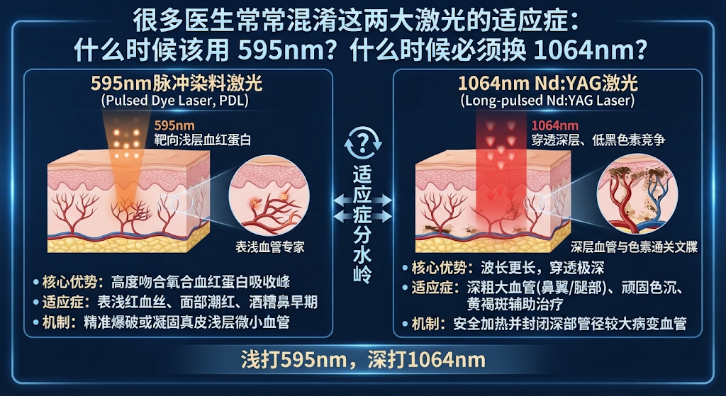 红血丝与面部潮红治疗：595nm脉冲染料激光与长脉冲1064nm的穿透与血管靶向对比